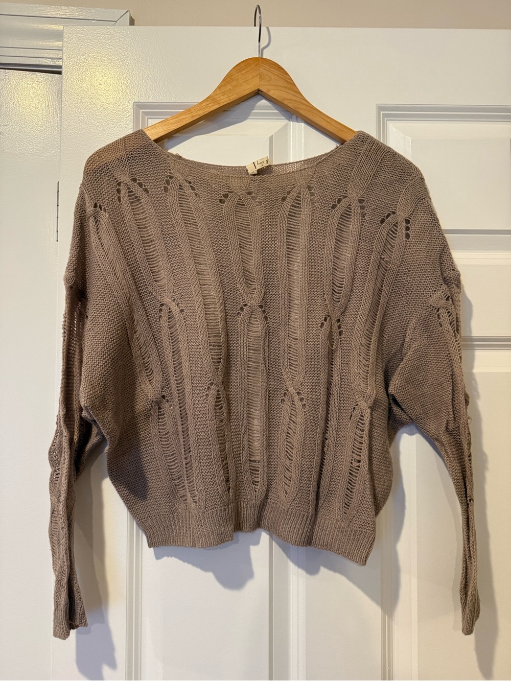 Open-Knit Taupe Women's Sweater - Lightweight Crewneck